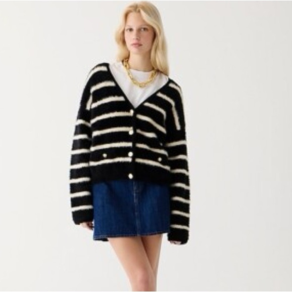 NWT Sweater lady jacket in striped brushed yarn size L (read more) Navy/Cream - Picture 3 of 8